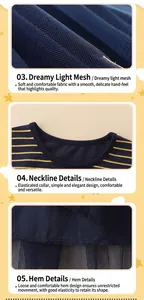 Detailansicht von marineblauem Tüll, gelb gestreiftem Kragen und Nähten am Mädchenkleid