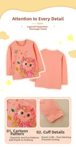 Detail of pink cotton long-sleeve tee showing cartoon owl print and elastic cuffs