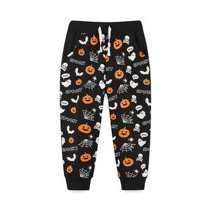Kids' black Halloween jogger pants with pumpkin and ghost prints on white background