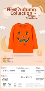 Detail of kids orange cotton T-shirt featuring Halloween pumpkin and spider print