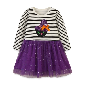 Girls Halloween tutu dress with striped long sleeves and black cat embroidery