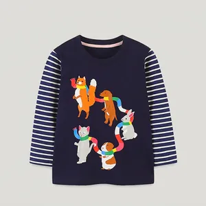 Kinderen Katoen Lange Mouw T-Shirt Cartoon Dier Print Streep Patchwork Herfst Tops Voor Jongens Meisjes Casual Comfortabel Shirt