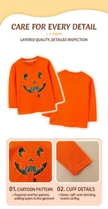 Close-up of orange Halloween pumpkin print and elastic cuffs on long sleeve kids t-shirt