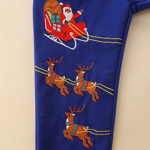 Pantalon en coton bleu marine pour garçon avec broderie festive du Père Noël et rennes