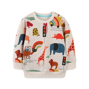 Kids long sleeve crewneck cotton sweatshirt with colorful cartoon animal and vehicle print