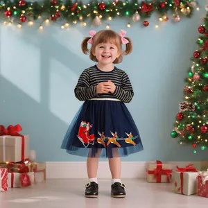 Mädchen Weihnachtskleid Weihnachtsmann Rentier Bestickt Marineblau Gestreift Netz Patchwork Langarm Tüll Feiertag Party Kleid