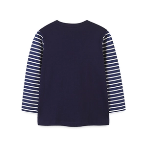 Kinder T-shirt met lange mouwen in marineblauw met gestreepte mouwen en een ronde hals