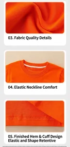Detailed views of the orange knit fabric, ribbed neckline and hem of the kid's t-shirt