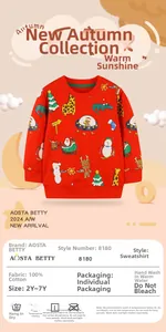 Detail view of red 100% cotton Christmas sweatshirt with festive cartoon prints for kids