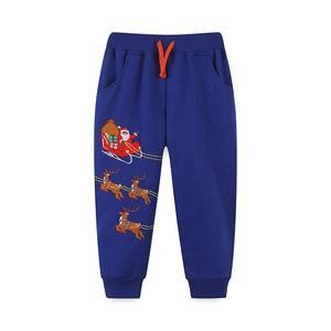 Pantalon de jogging enfant en coton bleu marine avec broderies de Noël et cordon de serrage orange