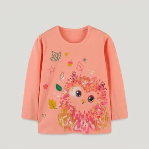 Girls Cotton Long Sleeve T-Shirt Cute Owl Print Pullover Top Autumn Toddler Clothing Coral Pink Basic Tee