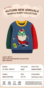 Detail of color-block kid's sweatshirt featuring Santa embroidery and ribbed cuffs