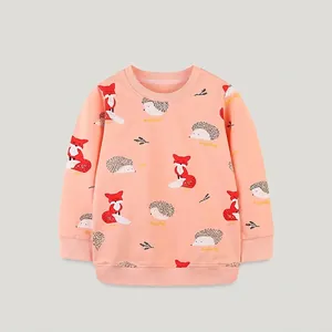 Girls Fashion Round Neck Long Sleeve Sweatshirt Cotton Cartoon Fox Hedgehog Print Autumn Pullover Kids Tops Clothing