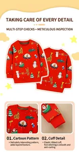 Detail of red Christmas sweatshirt featuring Santa Claus and reindeer cartoon prints