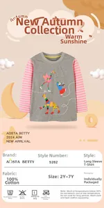 Close-up of 100% cotton long sleeve tee with flamingo and bear prints for girls