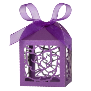 Purple laser cut rose gift box with silk ribbon for wedding and party candy packaging