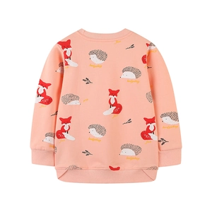 Pink crewneck sweatshirt for girls featuring cute fox and hedgehog animal prints