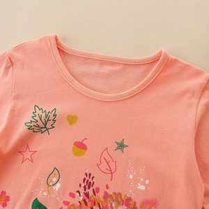 Girl's coral pink cotton long sleeve T-shirt with glitter floral and leaf prints