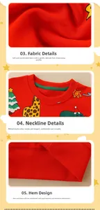 Detail of ribbed elastic neckline and hem on kids Christmas sweatshirt with cartoon patterns