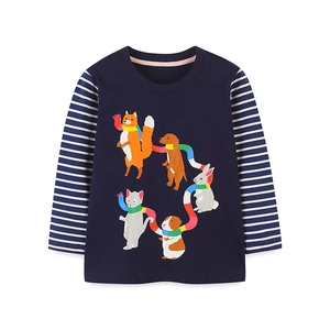Katoenen kinder-T-shirt met lange mouwen, cartoon dieren en gestreepte mouwen