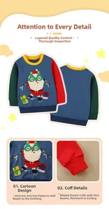 Close-up of Santa Claus embroidery and ribbed cuffs on kids color-block sweatshirt