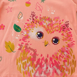 Pink cotton long-sleeve kids T-shirt featuring a cute owl print with gold glitter detail
