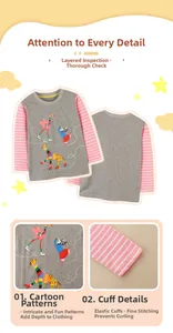 Detail view of girl's cotton T-shirt with animal patchwork and striped sleeves