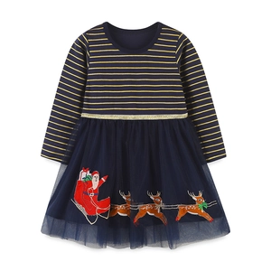 Weihnachtliches Streifenkleid für Mädchen mit Stickerei von Weihnachtsmann und Rentier
