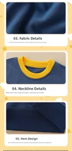 Detail view of boys cotton sweatshirt showing navy fabric texture and yellow ribbed collar