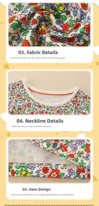 Detailed views of floral print fabric, elastic neckline, and hem of this girls' dress