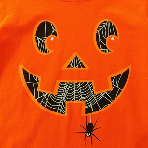 Kids long sleeve orange T-shirt featuring a glowing Halloween pumpkin and spider print