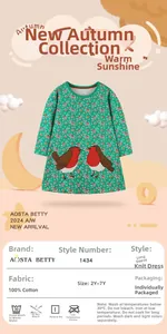 Detailed view of autumn floral girl dress with robin bird embroidery on green cotton