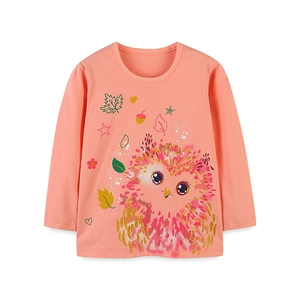 Girls long sleeve cotton T-shirt featuring a cute owl print and autumn leaves on coral pink