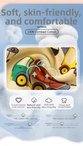 Close-up of 100% combed cotton fabric showing cartoon truck patterns and soft texture