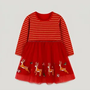 Kleinkinder Mädchen Weihnachtskleid Rot Gold Gestreift Rentier Stickerei Tüll Netz Prinzessin Kleid Langarm Party Festliche Kleidung