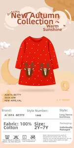 Detail view of red polka dot knit dress with reindeer embroidery and 100% cotton specs