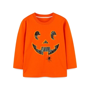 Kids long sleeve orange T-shirt with Halloween glow pumpkin and spider print