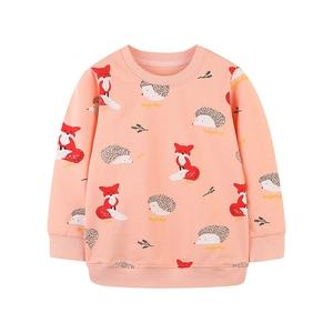 Pink girl's crewneck sweatshirt with fox and hedgehog prints and ribbed cuffs