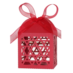 Macro shot of red Hanukkah gift box with laser-cut Star of David and organza ribbon