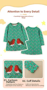 Detail of floral girl's dress showing cute cartoon bird patches and cotton fabric texture