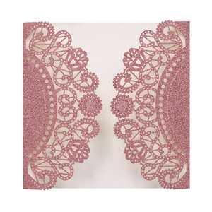Detailed laser cut pink glitter lace wedding invitation card with floral patterns