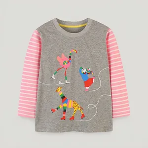 Girls Casual Cotton Long Sleeve T-Shirt With Cartoon Animal Print And Striped Splicing Sleeves Soft Round Neck Top