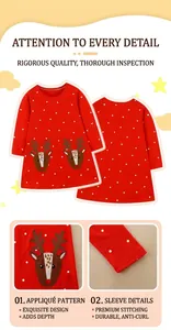 Detail of red Christmas dress showing embroidered reindeer patches and polka dot pattern