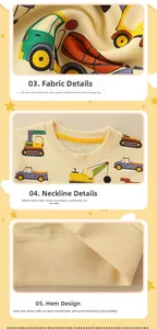 Detailed views of ribbed neckline and elastic hem on a beige cartoon truck sweatshirt