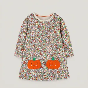 Girls Halloween Pumpkin Embroidery Floral Long Sleeve Cotton Dress Autumn Kids Pastoral Style Princess Party Apparel