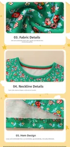 Detailed macro view of the round neckline and floral fabric texture of the green girl's dress