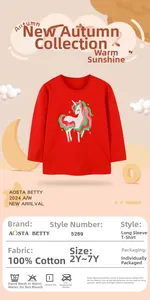 Detail view of red cotton kids T-shirt with unicorn print and size chart specifications