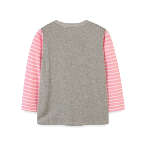 Girls' autumn long sleeve cotton T-shirt with patchwork striped sleeves and grey body