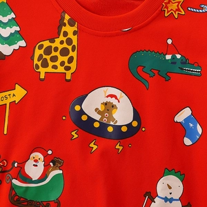 Kids red Christmas sweatshirt featuring festive cartoon Santa and gingerbread prints