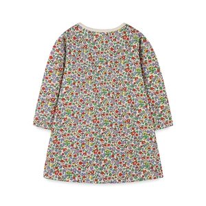 Girls long sleeve floral autumn dress with colorful print and round neck on white background